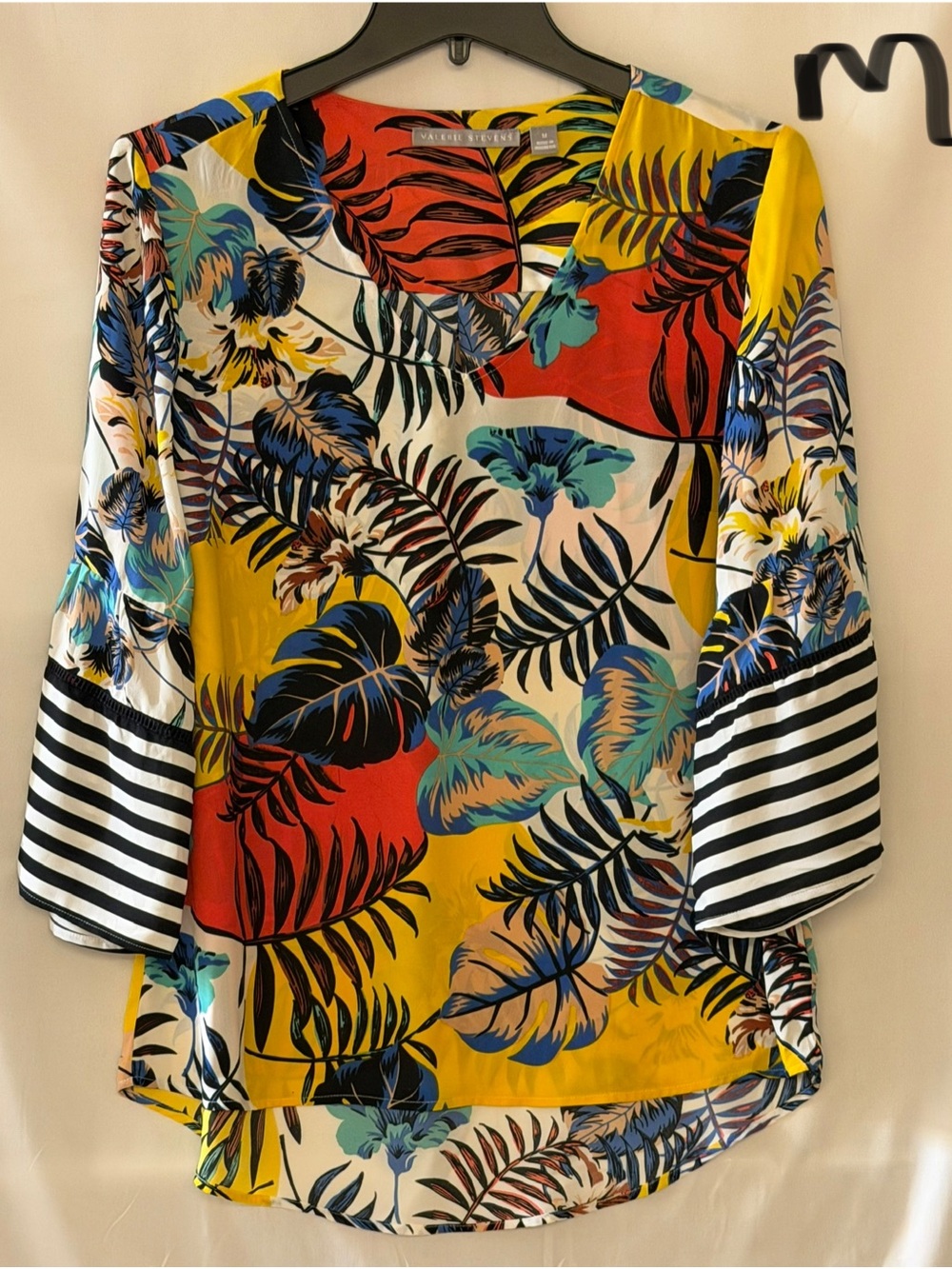Valerie Stevens Yellow Tropical Floral V-Neck Tunic with Stripe Cuffs